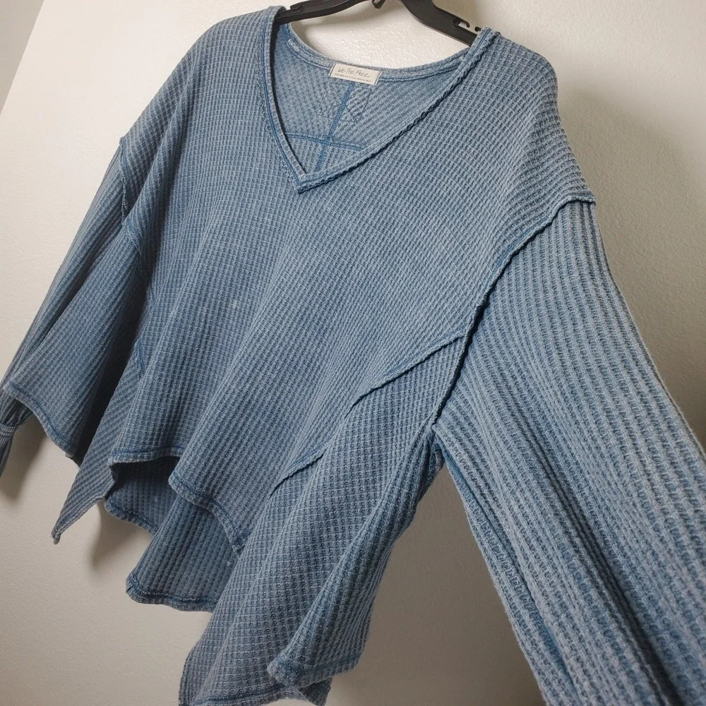 Free People We The Free Coraline Indigo Wash Blue Waffle Weave V-Neck Top XS